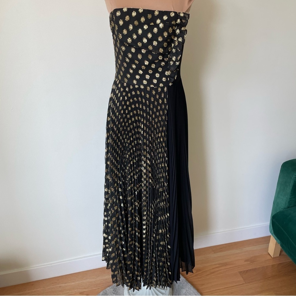 Shoshanna Midnight Strapless Pleated Black Gold Midi Cocktail Dress NWT Size 6